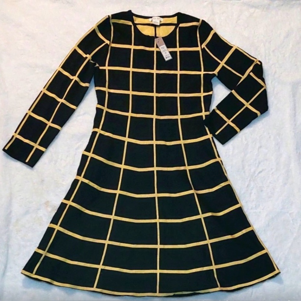 LuLaRoe Long Sleeve A-Line Knit Dress | Size L | Black & Mustard Grid | NWT